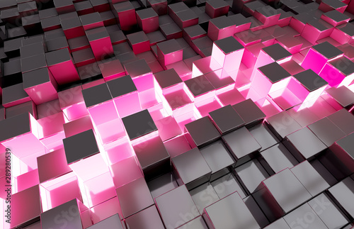 Glowing black blue and pink squares background pattern 3D rendering
