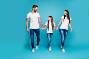 Poster - Full body photo of daddy mommy and small lady walking down street to zoo wear casual outfit isolated blue background