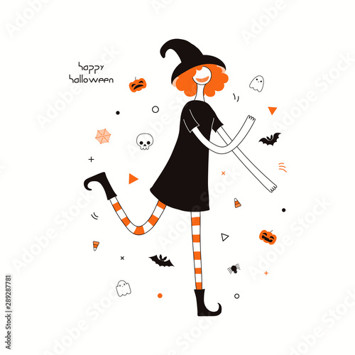 Hand drawn vector illustration of a dancing cartoon character in a witch cost...