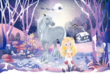 Fantasy landscape of magic forest with fairytale cottage,little princess,cuteunicorn and Santa Claus sleigh Reindeers flying over full moon in Christmas night,illustration cartoon Winter wonderland