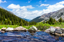 Hot Springs Blue Pool On Conundrum Creek Trail In Aspen, Colorado In 2019 Summer With Rocks Stones And Valley View With Nobody