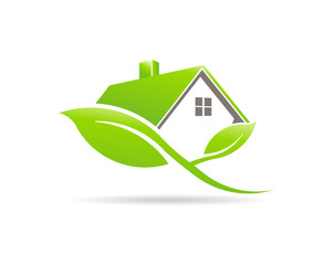 Eco Friendly Green house Logo. House sustained by plant leaves. Vector Design