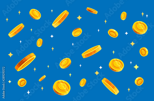 Fotomural Gold coins money falling vector illustration, flat style dropping coins, isolated on color background