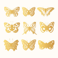 Set of golden ornate butterflies silhouettes. Cute insect icons, gold winged gorgeous wedding monarch. Vector isolated illustration.