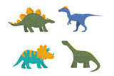 Fototapeta Dinusie - Funny cute dinosaur set with raptor, triceratops, stegosaurus and diplodocus for kids. Vector isolated dino stickers for prints.