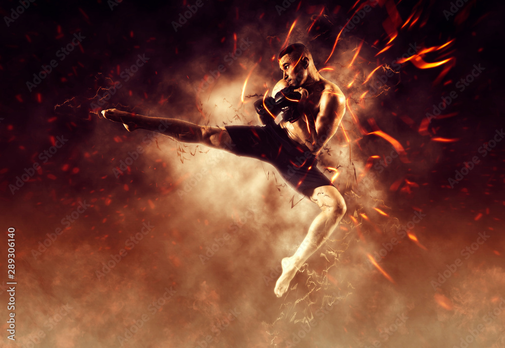 Αφίσα MMA male fighter kick. Flames background