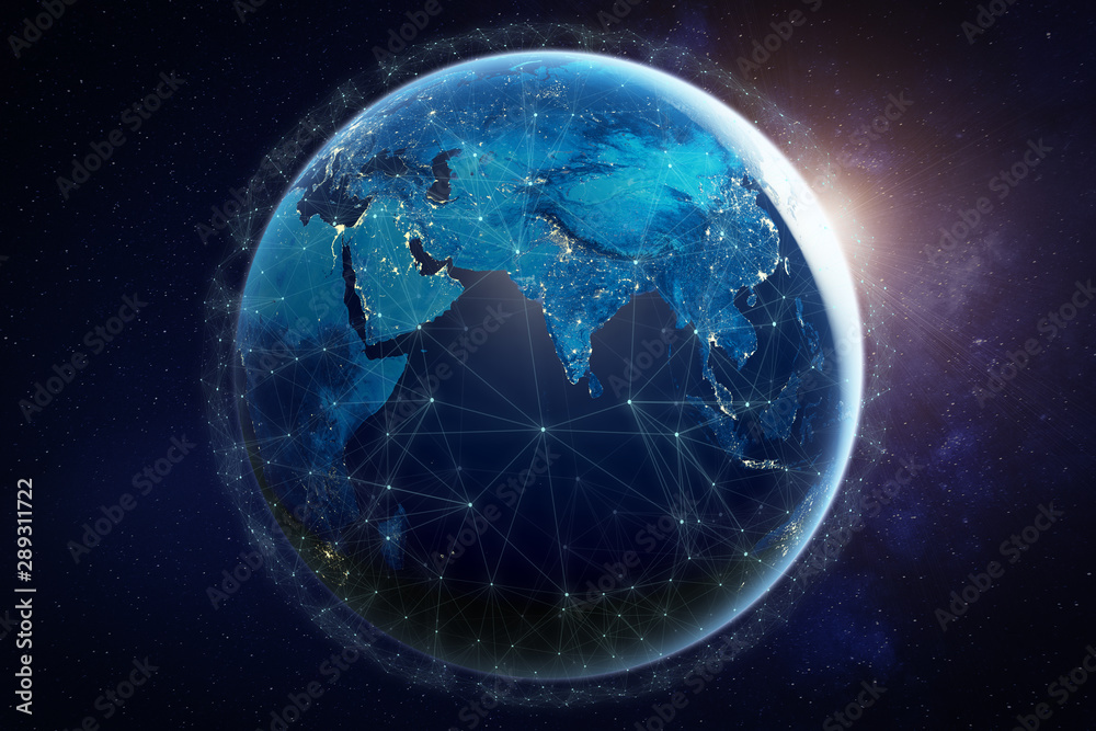 Internet network for fast data exchange around planet Earth from space, global telecommunication satellite grid over the world for IoT, mobile web, financial technology, 3d render, elements from NASA - obrazy, fototapety, plakaty 