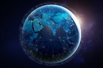 Wall Mural - internet network for fast data exchange around planet earth from space, global telecommunication sat
