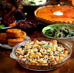 Wall Mural - Thanksgiving dish of bread - Stuffing with mushrooms. Thanksgiving Day. the traditional dishes for Thanksgiving. square format