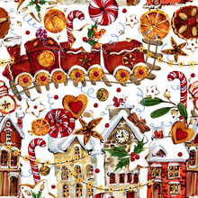 Seamless Pattern With Christmas Train, Winter Houses, Holidays Sweet Tasty. New Year Watercolor Background In Cartoon Style. 