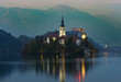 Lake Bled and the Church island of the assumption of Mary. Amazing autumn colors, stunning lights