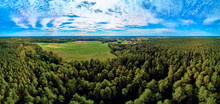 Beautiful Panoramic Aerial Drone View To Bialowieza Forest - One Of The Last And Largest Remaining Parts Of The Immense Primeval Forest That Once Stretched Across The European Plain