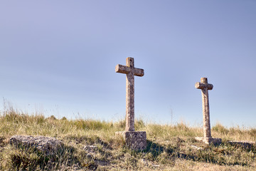 view of two crosses carved in stone