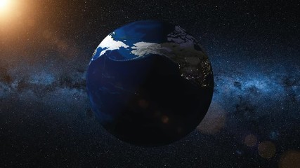 Wall Mural - earth rotates around its axis. world globe surrounded by infinite space and milky way stars. view fr
