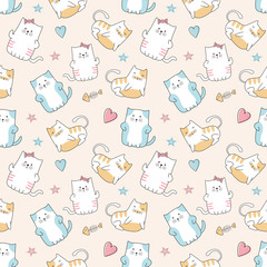 Poster - Cute cats seamless pattern cartoon funny character drawing. Vector illustration ready for kids and baby fashion textile print.