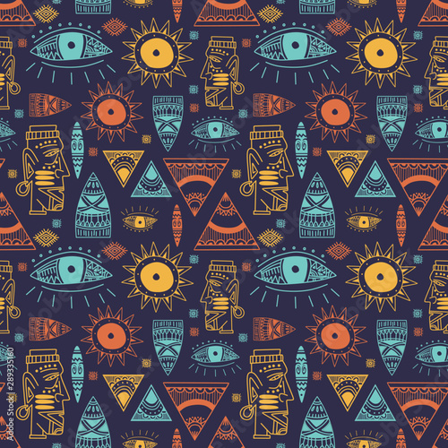 Trendy african maya seamless pattern with doodle hand drawn ancient objects Tableau sur Toile
