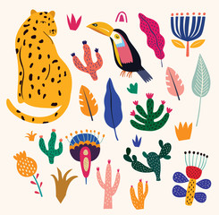 Wall Mural - Tropical vector colorful illustration with leopard, flowers, toucan.