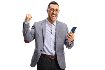 Poster - Happy man holding a mobile phone and gesturing yeah