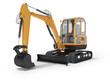 © Oleh - Orange mini excavator with hydraulic mechlopatoy on crawler rubber track with leveling bucket 3d render on white background with shadow