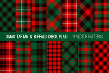 Christmas Red Green Black Tartan And Buffalo Check Plaid Vector Patterns. Rustic Xmas Backgrounds. Hipster Lumberjack Flannel Shirt Fabric Textures. Pattern Tile Swatches Included.