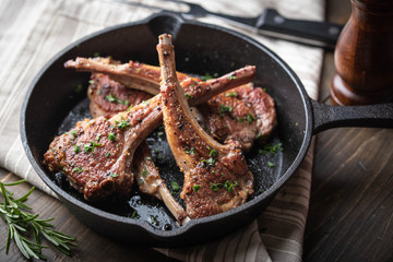 Sticker - grilled lamb chop on cast iron pan