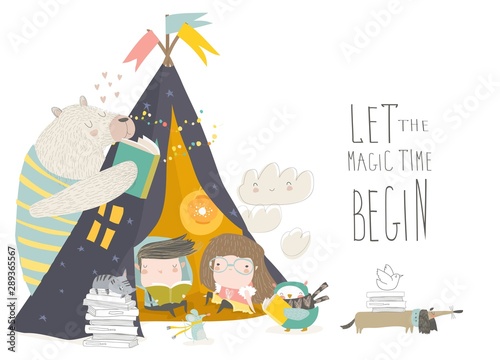 Fotografía Kids reading book with animals in a teepee tent