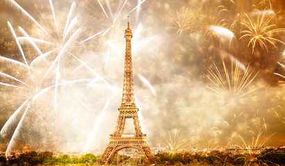 celebrating the New Year in Paris Eiffel tower with fireworks