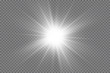 White glowing light explodes on a transparent background. with ray.  Transparent shining sun, bright flash.  Special lens flare light effect