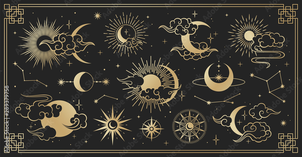Asian set with clouds, moon, sun and  stars . Vector collection in oriental chinese, japanese, korean style. Line hand drawn illustration isolated on black background. Retro elements set. - obrazy, fototapety, plakaty 
