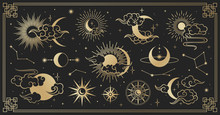 Asian Set With Clouds, Moon, Sun And  Stars . Vector Collection In Oriental Chinese, Japanese, Korean Style. Line Hand Drawn Illustration Isolated On Black Background. Retro Elements Set.