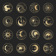 Asian Circle Pattern Set With Clouds, Moon, Sun, Stars . Vector Collection In Oriental Chinese, Japanese, Korean Style. Line Hand Drawn Illustration Isolated On Black Background.