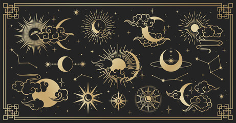 Asian set with clouds, moon, sun and  stars . Vector collection in oriental chinese, japanese, korean style. Line hand drawn illustration isolated on black background. Retro elements set.