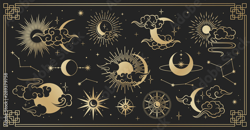 Cuadros en Lienzo Asian set with clouds, moon, sun and stars