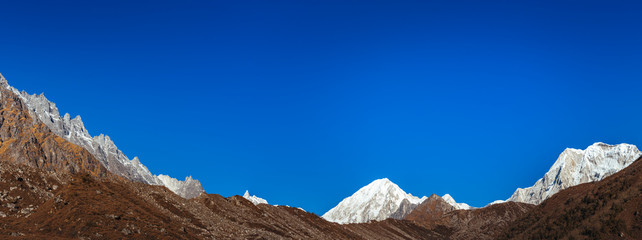 Snow covered mountain peaks in Himalayas,  Nepal.