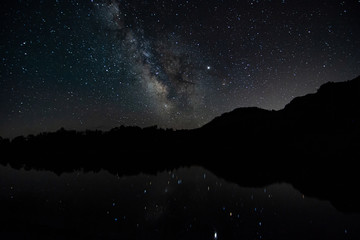 Night sky above lake Madh in National Park Lure, Albania