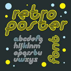 Poster - Vector retro lowercase English alphabet letters collection. Cool disco cursive font, script from a to z can be used in poster art. Made with geometric parallel triple lines.