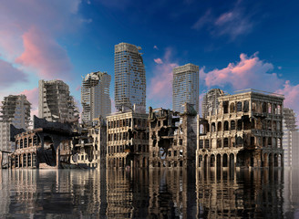 Global Warming Ruins of a city apocalyptic landscape 3d illustration concept