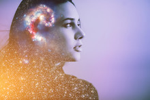 Double Multiply Exposure Abstract Portrait Of A Dreamy Cute Young Woman Face With Galaxy Universe Space Inside Head. Human Spirit, Astronomy, Life Zen Concept Elements Of This Image Furnished By NASA.