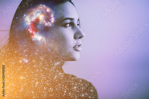 Double Multiply Exposure Abstract Portrait Of A Dreamy Cute Young