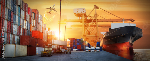 Fotomural Industrial Container Cargo freight ship, forklift handling container box loading