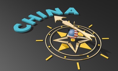 Wall Mural - Politic and economic relationship between USA and China. Golden arrow of a compass pointing to the China country name. 3D rendering.