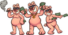 Rich Cartoon Pigs Showing Off Money Clip Art. Vector Illustration With Simple Gradients.Each On A Separate Layer.