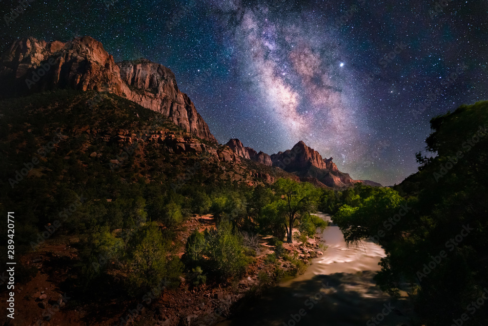 Night scene of the Milky Way and stars at Zion National Park - obrazy, fototapety, plakaty 
