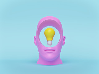 Fototapete - Concept art on idea and creative thinking. head with a hole and a bulb on it. minimalism style. 3d rendering