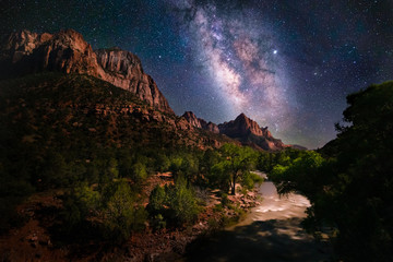 night scene of the milky way and stars at zion national park