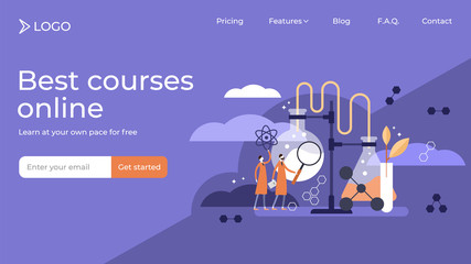 Science flat tiny persons vector illustration landing page template design.