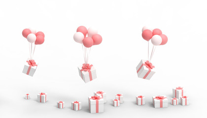 White gift box and Red ribbon balloons in the important festivals and the happy Birthday on isolated on White background - 3d rendering