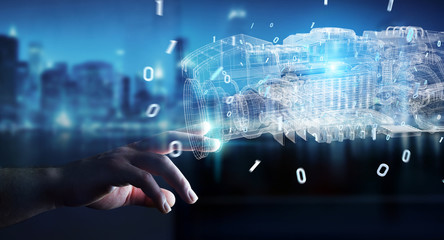Poster - businessman using wireframe holographic 3d digital projection of an engine