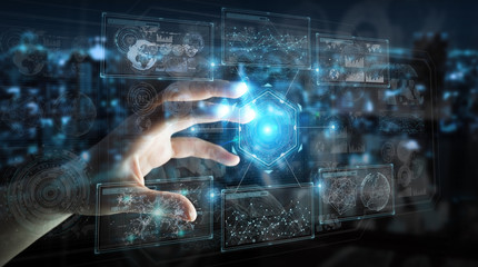 Poster - Businessman using digital technological interface with datas 3D rendering