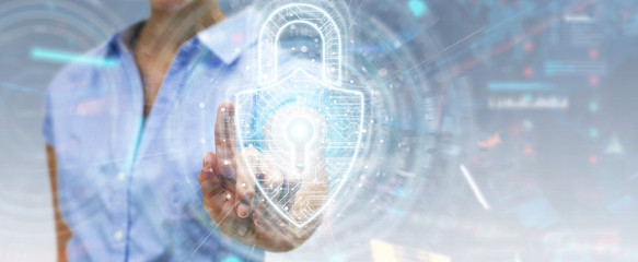 Poster - Womanusing digital padlock security interface to protect datas 3D rendering